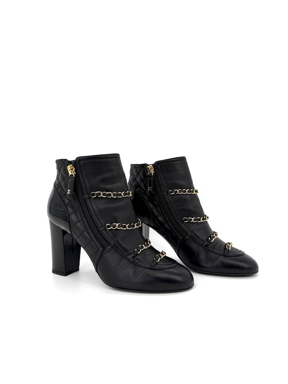 Chanel Quilted Chain Ankle Boot Black Leather Double Side Zip EU 37.5 US 7.5